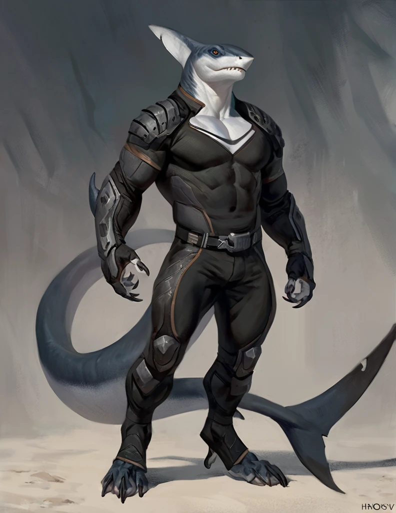 Sharkfolk, bull shark, comic book style, illustration, solo, ferocious, male, standing, mercenary, pants, masterpiece, best art, full body, by laobai, by taran fiddler, by honovy, detailed eyes, detailed body, claws, masculine body shape, fantasy, tall, futuristic bodysuit, tight t-shirt, pecs, pants, belts on chest