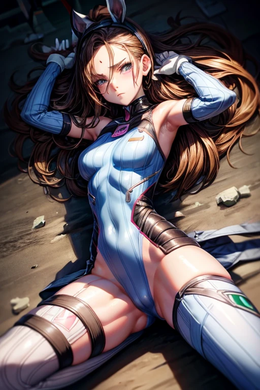 1 girl, (d.vaand (Overwatch):0.8), alone, long hair, Beard markings, tights, camel toe,nipples, crotch,badly defeated,lies down, getting touched by enemy,brown hair, facial mark, mitt, chest, brown eyes, pilot suit, cowboy shot, earphone, white gloves, breast, sweeping forehead, skin is tight, Animal Print, forehead, Rabbit print, Golji One Piece Stockings, face painting, pink lips,l, holding a gun, serious expression, Suspicious, consideration, investigation, middle of the fight, battle background, DEFEATED