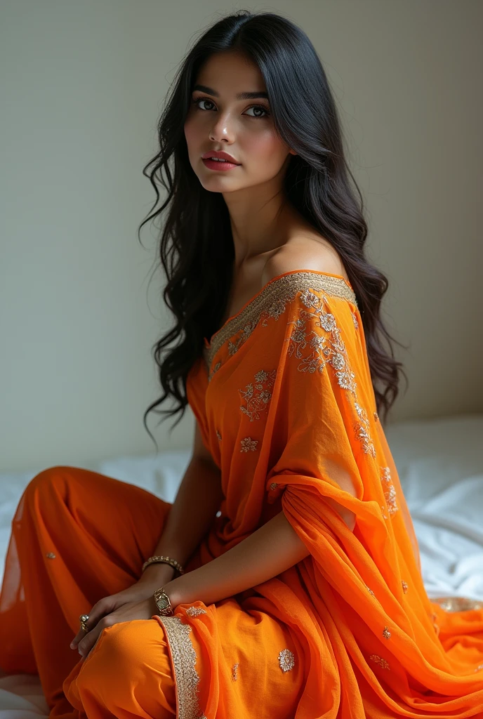 (photorealism:1.2), beautiful woman, sitting in dogy pose with indian saree and half opend blouse