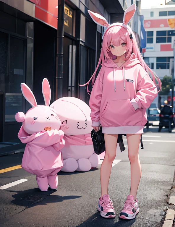 ((masterpiece, Highest quality, Super detailed, Very nice 8K CG wallpaper)), One girl, alone, Medium chest,  ((front open bear costume)), short hair, Pale pink hair, Pink Eyes, Mouth closed, Hair Clip, Long sleeve, Wearing a hood, whole body, Are standing, black bear costume, Nice hands, Perfect hands, ((show off breasts))outdoor City,nsfw