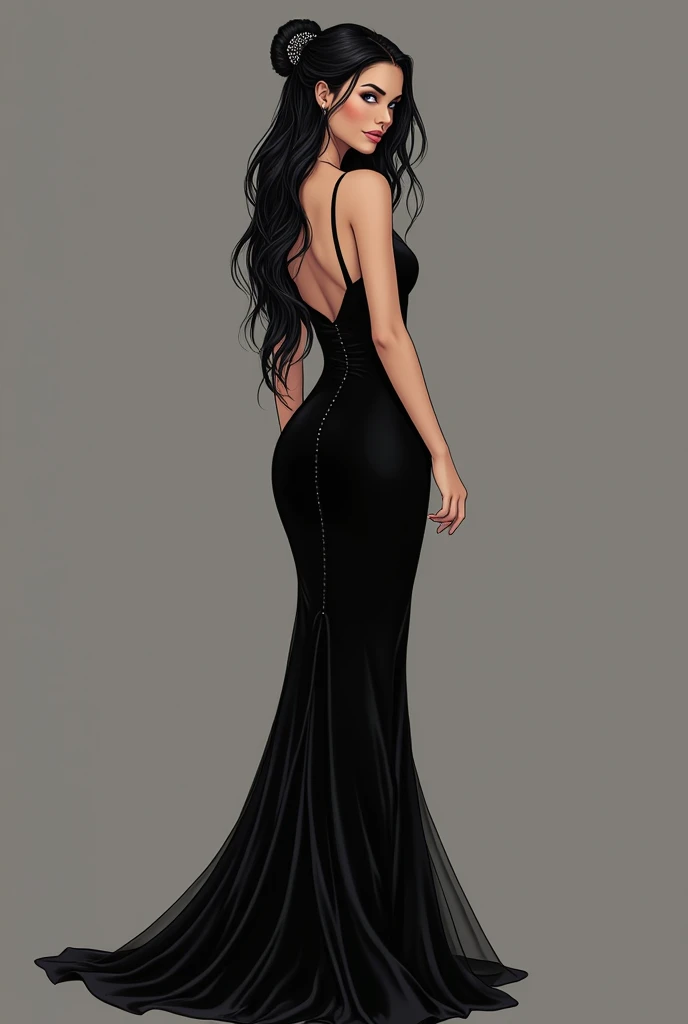 Girl with long black hair, and hair tied back in a bun with some elegant ornament blue eyes. with big breasts, slim with hips and ass, no belly. With a long black evening dress, with thin straps, Prom Dress, whole body. Long dress with a slit on the right leg, heels of the same color
