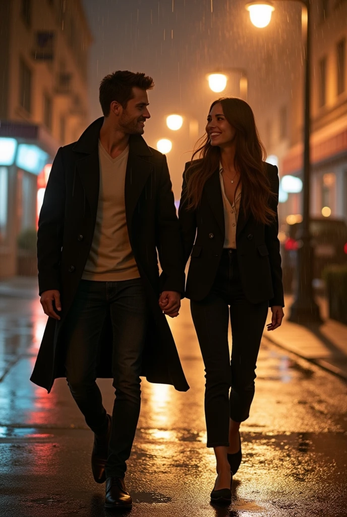 A 20 year old couple are walking in the rain in San Francisco. Smiling at eachother the man is white and  handsome chiseled jaw and tall wearing a long coat. The woman has is white with long hair and brown hair wearing a blazer with formal pants. It’s raining and there is street lamps in the background 
