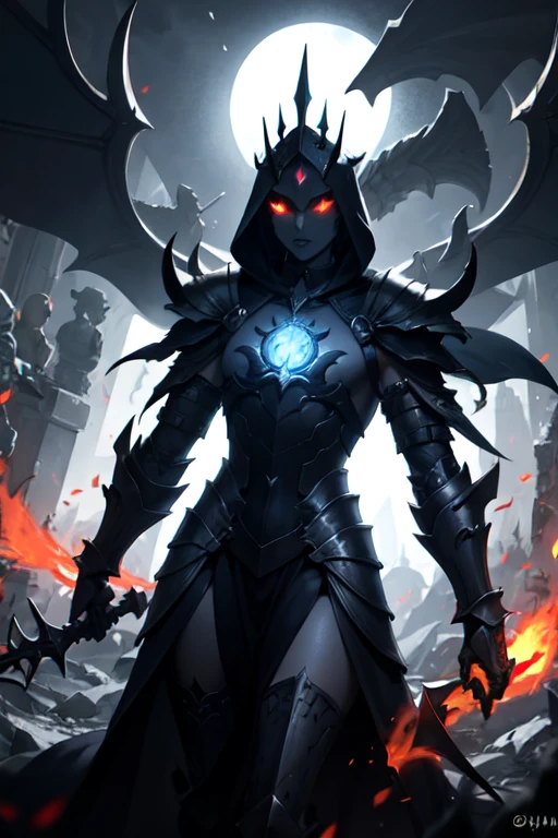 ((best quality)), ((masterpiece)), (detailed), - **Dark Sorcerer Armor**:
- **Material**: Crafted from enchanted, blackened metal interwoven with tattered, shadowy robes that seem to shift and move as if alive.
- **Design**: Adorned with jagged, rune-inscribed blades protruding from the shoulders, forearms, and shins, each blade pulsing with a faint, eerie glow.
- **Ornamentation**: Spiked gauntlets and greaves, with arcane symbols etched in blood-red across the chest plate.
- **Weapons**:
- **Primary**: A twisted staff made from a dark, ancient wood, topped with a crystalline, pulsating orb that seems to contain swirling shadows.
- **Secondary**: Numerous ritualistic daggers strapped across the armor, each with a unique shape and inscribed with forgotten incantations.
- **Mask**:
- **Structure**: A fearsome mask made of bone and metal, shaped like a demon’s face.
- **Eyes**: Numerous small, glowing eyes embedded into the mask, constantly moving as if watching from every direction.
- **Mouth**: A gaping maw with razor-sharp, metallic teeth, enchanted to whisper dark secrets to those who get too close.
- **Headgear**:
- **Type**: A crown-like helm made from obsidian and adorned with arcane symbols, exuding a dark aura that distorts the air around it.
- **Mystical Aspect**: A long, tattered hood attached to the helm, seemingly made from shadows themselves, occasionally revealing glimpses of eldritch patterns within.
- **Overall Appearance**:
- **Aura**: An ominous presence that causes nearby flames to flicker and grow dim, with a cold, suffocating air surrounding him.
- **Lore Element**: Whispers tell of a pact with forgotten gods, the armor said to be forged in the heart of a dying star, imbued with the essence of an ancient, malevolent entity.
- **Movement**: His steps are soundless, but leave a trail of dark energy that corrodes the ground and plants in his wake.
- **Mystical Detail**: Occasional bursts of