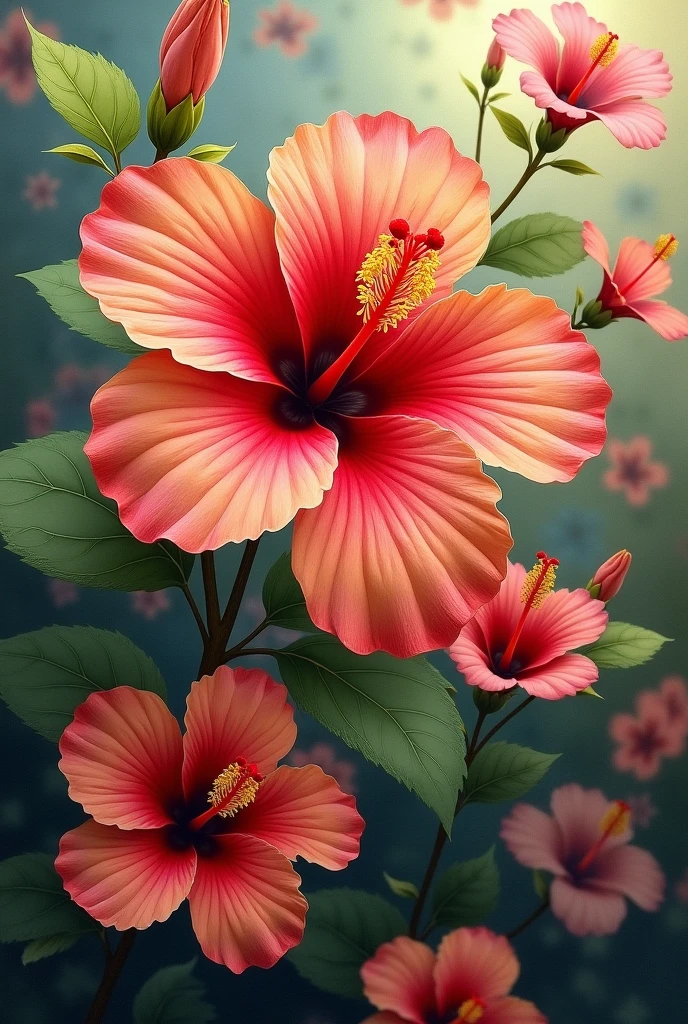 a beautiful detailed hibiscus flower, small repeated hibiscus flowers, oil painting on canvas, highly detailed, hyper realistic, masterpiece, sharp focus, intricate details, vibrant colors, natural lighting, photorealistic, 4k, ultra detailed, realistic, refined painting