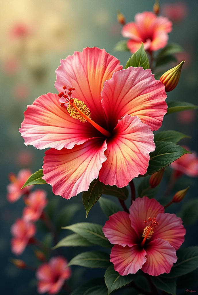 a beautiful detailed hibiscus flower, small repeated hibiscus flowers, oil painting on canvas, highly detailed, hyper realistic, masterpiece, sharp focus, intricate details, vibrant colors, natural lighting, photorealistic, 4k, ultra detailed, realistic, refined painting