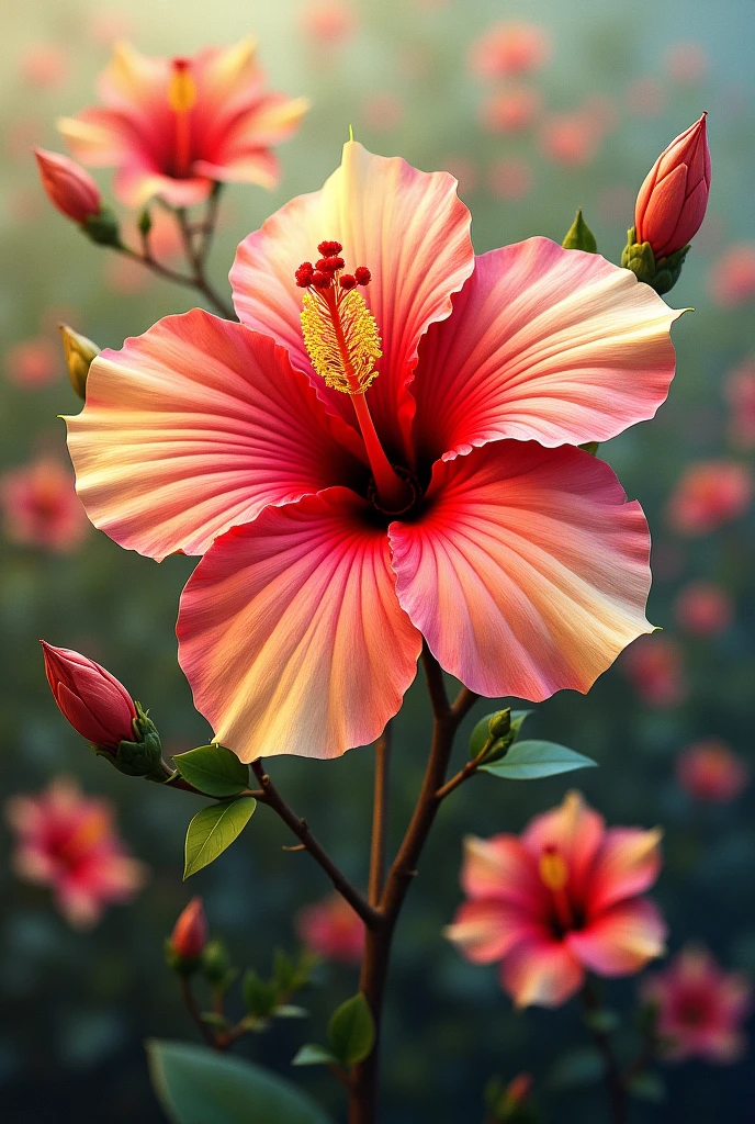 a beautiful detailed hibiscus flower, small repeated hibiscus flowers, oil painting on canvas, highly detailed, hyper realistic, masterpiece, sharp focus, intricate details, vibrant colors, natural lighting, photorealistic, 4k, ultra detailed, realistic, refined painting