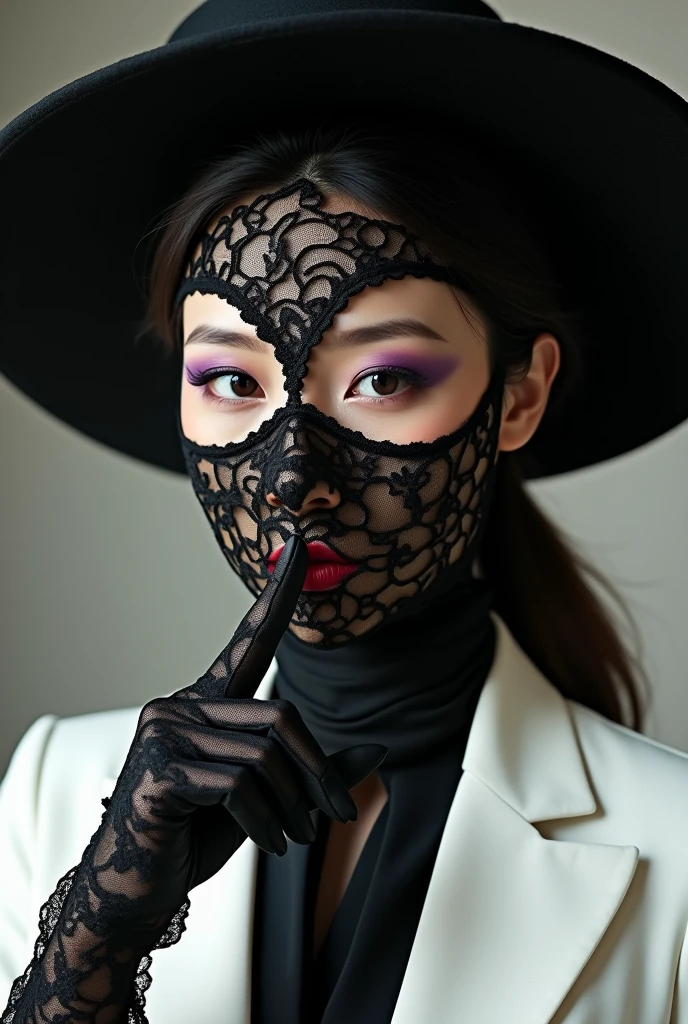 A Japanese woman in her 40s wearing a full-head black lace mask that covers her mouth and nose, with only the eyes cut out.、Long black lace gloves、White Suit、Elegant wide brim black hat、Putting a finger to the lips、Black and gold scarf、A Japanese woman with heavy purple eyeshadow