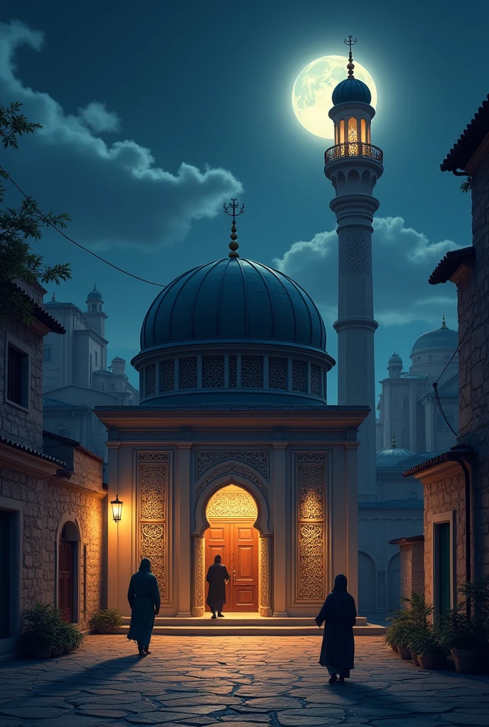 Depict a small street mosque at night
