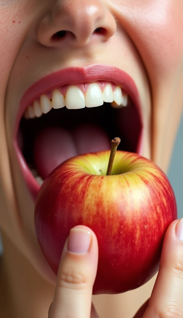 Photos of a mouth biting an apple in real life, bright, best quality, precise, HD, Very detailed, photo taken by nikon