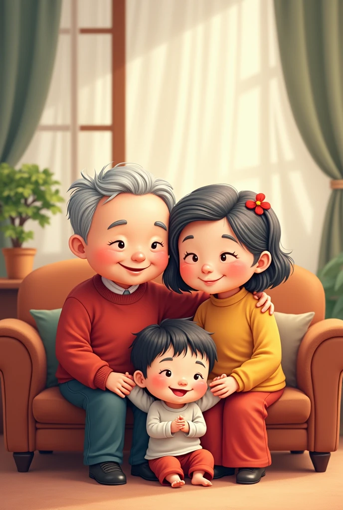 Asian Chinese old couple in cute cantoon both must grey hair photo together with child & grandson