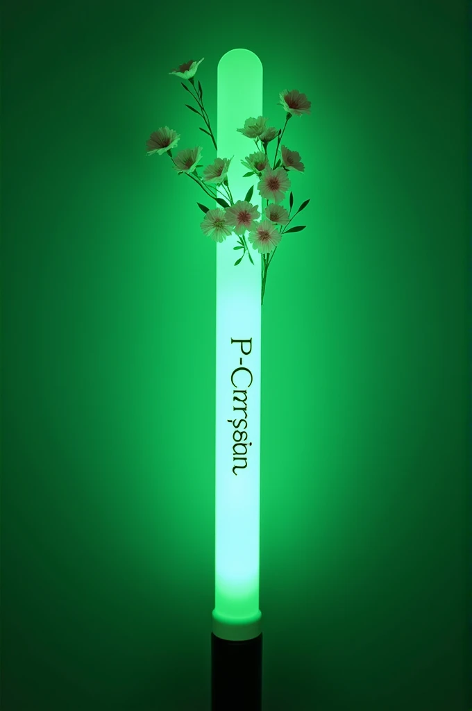 K pop light stick light green with flowers and the name p-crystal
