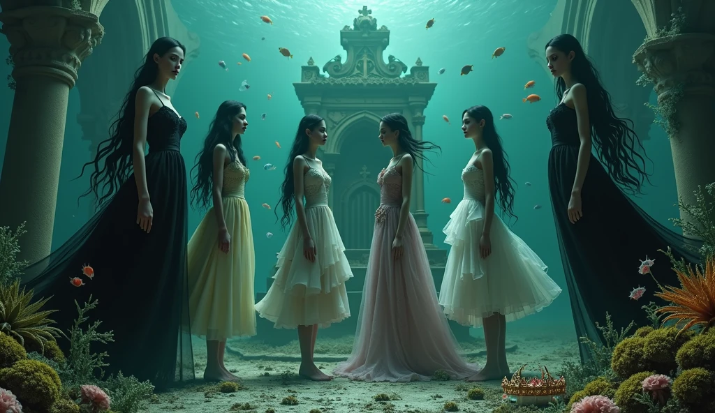 "A full-body shot of a (extra wide angle 1:1) in a dark low light deep sea medeval ballroom in an old gothic palace that has gone under the sea. Super-big ballroom. 2 queen twin sisters curled up and their 5 girlfriends liveless bodies surrounded by coloured fishes. Their body floading upside down, body posed horizontally, with body posed vertically, floading down, floanding up. The queens have a big light-colored eyes, black super-long hair. Their girlfriends have a long hair, perfect detailed eyes.Their wering black torned dresses. Pink and gold dresses. Dresses in many layered lace and shiffon torne and ripped. ( perfect hands, five fingers on each hand.) Small breasts cleavage, (hyper realistic perfect eyes 1:1). White perfect skin. Queens surrounded by Perished under-water palace 1:1 Wearing a layered black, white and gold ballroom dresses with lace and shiffon. On the bottom of the sea are golden crowns, adorned with pink crystals 1:1. Bright colourd fishes swimming arround. Corals, seamoss. Octopus. The scene a beautiful empresses dead, their long hair flowing every way, in their face. Sad. (Best Quality Detailed faces)1:1. A medieval fairytale vibe, with a big black intricate throne in a corner with tonns of seamoss and seeweed on it. In a fantastic scene that uses detaled realistic 3D model. crystal wine glasses on the sea floor broken The entire setup is Best Quality, masterpiece 1:1, capturing the essence of a beautiful dead girls, fantastical gothic setting, Dark deep sea Low greenblue lighting under neath. (8K).