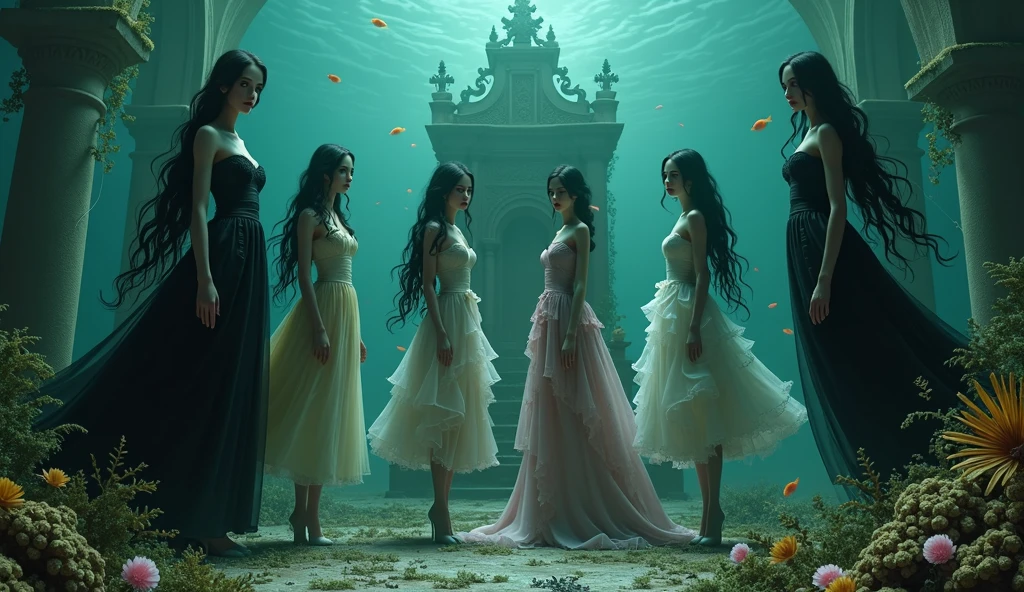 "A full-body shot of a (extra wide angle 1:1) in a dark low light deep sea medeval ballroom in an old gothic palace that has gone under the sea. Super-big ballroom. 2 queen twin sisters curled up and their 5 girlfriends liveless bodies surrounded by coloured fishes. Their body floading upside down, body posed horizontally, with body posed vertically, floading down, floanding up. The queens have a big light-colored eyes, black super-long hair. Their girlfriends have a long hair, perfect detailed eyes.Their wering black torned dresses. Pink and gold dresses. Dresses in many layered lace and shiffon torne and ripped. ( perfect hands, five fingers on each hand.) Small breasts cleavage, (hyper realistic perfect eyes 1:1). White perfect skin. Queens surrounded by Perished under-water palace 1:1 Wearing a layered black, white and gold ballroom dresses with lace and shiffon. On the bottom of the sea are golden crowns, adorned with pink crystals 1:1. Bright colourd fishes swimming arround. Corals, seamoss. Octopus. The scene a beautiful empresses dead, their long hair flowing every way, in their face. Sad. (Best Quality Detailed faces)1:1. A medieval fairytale vibe, with a big black intricate throne in a corner with tonns of seamoss and seeweed on it. In a fantastic scene that uses detaled realistic 3D model. crystal wine glasses on the sea floor broken The entire setup is Best Quality, masterpiece 1:1, capturing the essence of a beautiful dead girls, fantastical gothic setting, Dark deep sea Low greenblue lighting under neath. (8K).