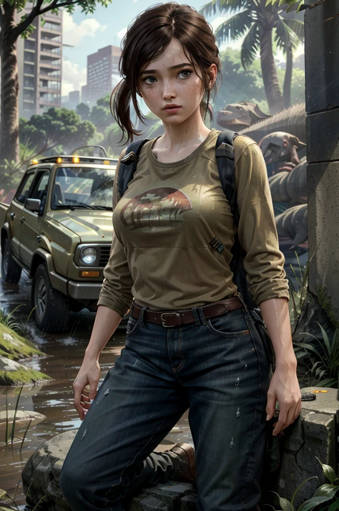 Ellie, 1girl, solo, realistic, brown hair, freckles blue eyes, ponytail, shirt, lips, layered sleeves,masterpiece, best quality, cinematic lighting, looking at viewer, (jurassic park:1.28), (dinosaur:1.18), yellow jeep, car, prehistoric, tropical, jungle, clearing, horizon, nsfw, wet clothes, breasts under clothes, on knees, tongue out, looking at viewer, nipples, tight shirt, 