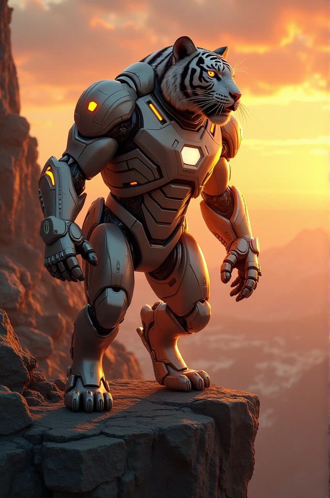 A tiger with iron man suit standing on a cliff during sun set