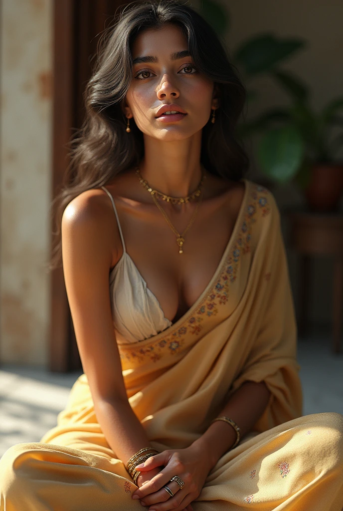 (photorealism:1.2), beautiful indian girl, sitting in dogy pose with indian saree and half opend blouse with big boobs