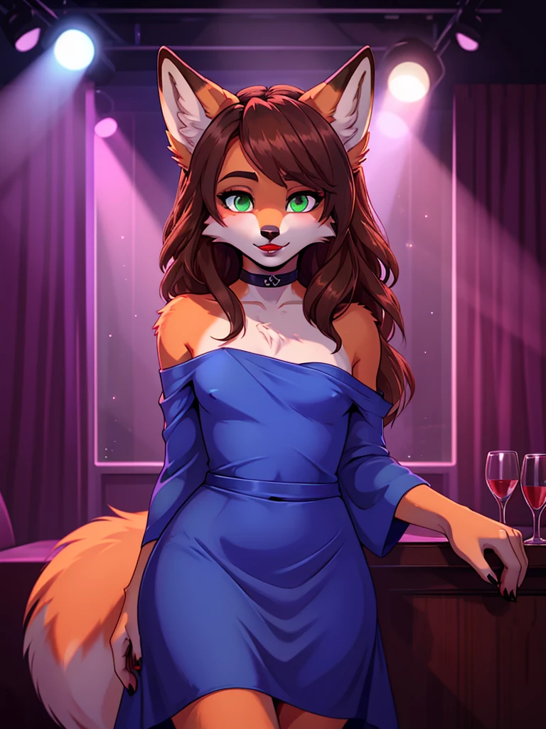 Best quality, furry male fox with green eyes, with brown long hair, with black spout, with red lipstick on lips, big lips, in a blue dress, crossdressing,  shy, choker on the neck, off-the-shoulder dress, flirts, sexy pose, portrait, against the backdrop of an empty nightclub