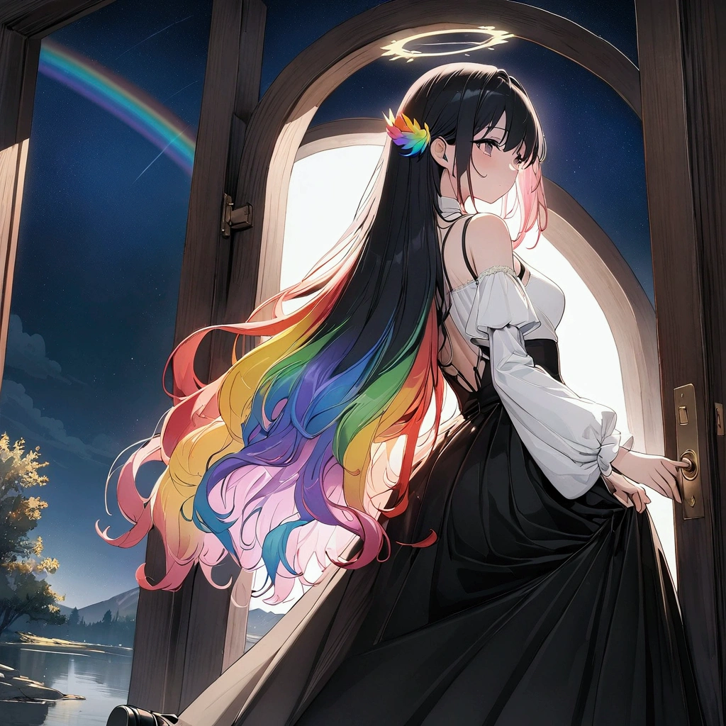 (((anime))) One Woman,Behind the door,Door on the lake,Heaven is at the door,Inside the door is a different world than outside,Angel turning his back,Large iridescent feathers,Growing from the back,Long Hair,(Rainbow Hair),Angel halo white camisole,Volume sleeve,Long skirt,Black boots,night,full moon,star,Backlight,masterpiece,Highest quality,Exquisite,8k,Absurd,Ultra-fine illustrations,