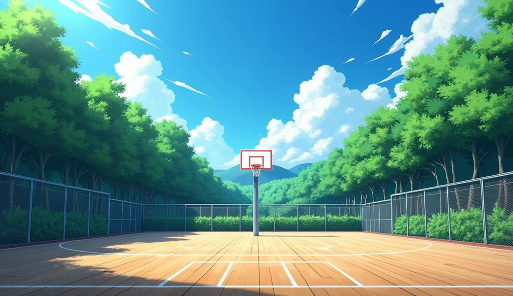 a Japanese outdoor school basketball court. the floor is wooden, the court is empty without any people; masterpiece, super detailed. image taken from up, anime art