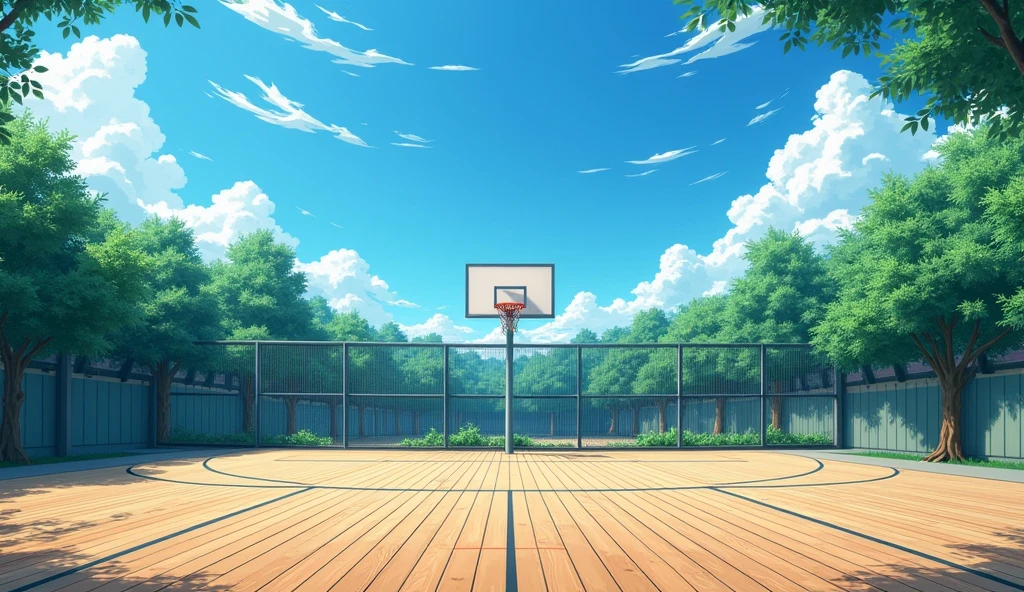 a Japanese outdoor school basketball court. the floor is wooden, the court is empty without any people;  masterpiece, super detailed. image taken from up, anime art