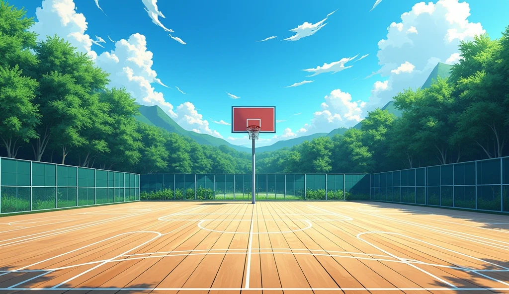 a Japanese outdoor school basketball court. the floor is wooden, the court is empty without any people; masterpiece, super detailed. image taken from up, anime art
