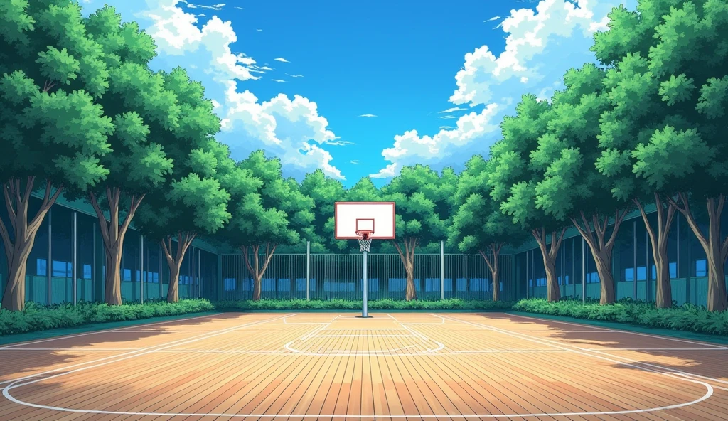 a Japanese outdoor school basketball court. the floor is wooden, the court is empty without any people; masterpiece, super detailed. image taken from up, anime art