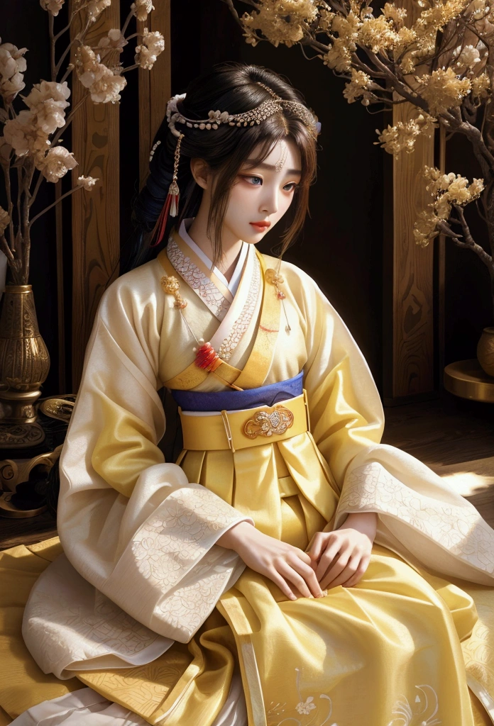 Beautiful girl in traditional hanbok, (Empress of Joseon Dynasty_gorgeous, elegance, aura, intricate and delicate detailed description), detailed perfect face, gorgeous hair decoration, (fluorescent yellow hanbok_jeogori, fluffy skirt, delicate details), Korean beauty, close-up angle, amazing, attractive, pure, blurry natural outdoor background, 8k, best quality, highly detailed and realistic, LORA reference: 2.0, cinematic,