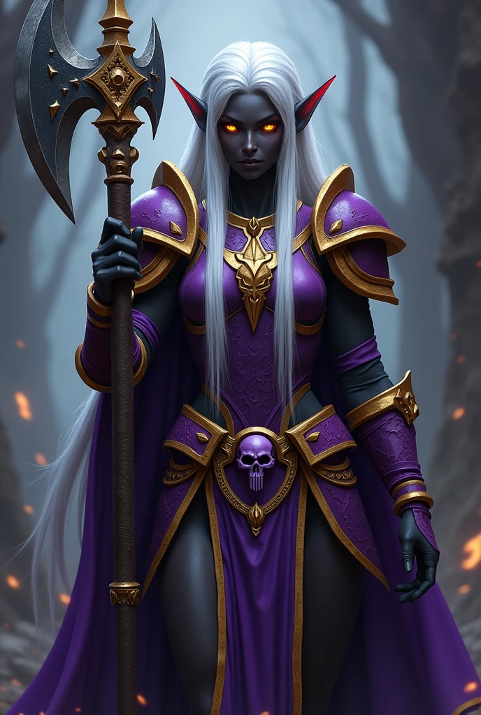 World of Warcraft Game Theme Image of a 3 white haired elf standing holding her favorite Battle Axe,dark black ebony Skin,blood elf Paladin Wow, Long elf ears, glowing Golden eyes, Dark Purple and Gold Armor, Dark Purple Pauldrons, Purple skull Pauldron, Gold and Purple Chestpiece, gauntlets, Dark Golden tabard, dramatic tones. A masterpiece with the highest resolution. , Surrealist image type