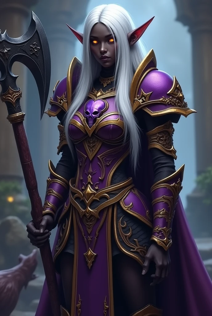 World of Warcraft Game Theme Image of a 3 white haired elf standing holding her favorite Battle Axe,dark black ebony Skin,blood elf Paladin Wow, Long elf ears, glowing Golden eyes, Dark Purple and Gold Armor, Dark Purple Pauldrons, Purple skull Pauldron, Gold and Purple Chestpiece, gauntlets, Dark Golden tabard, dramatic tones. A masterpiece with the highest resolution. , Surrealist image type