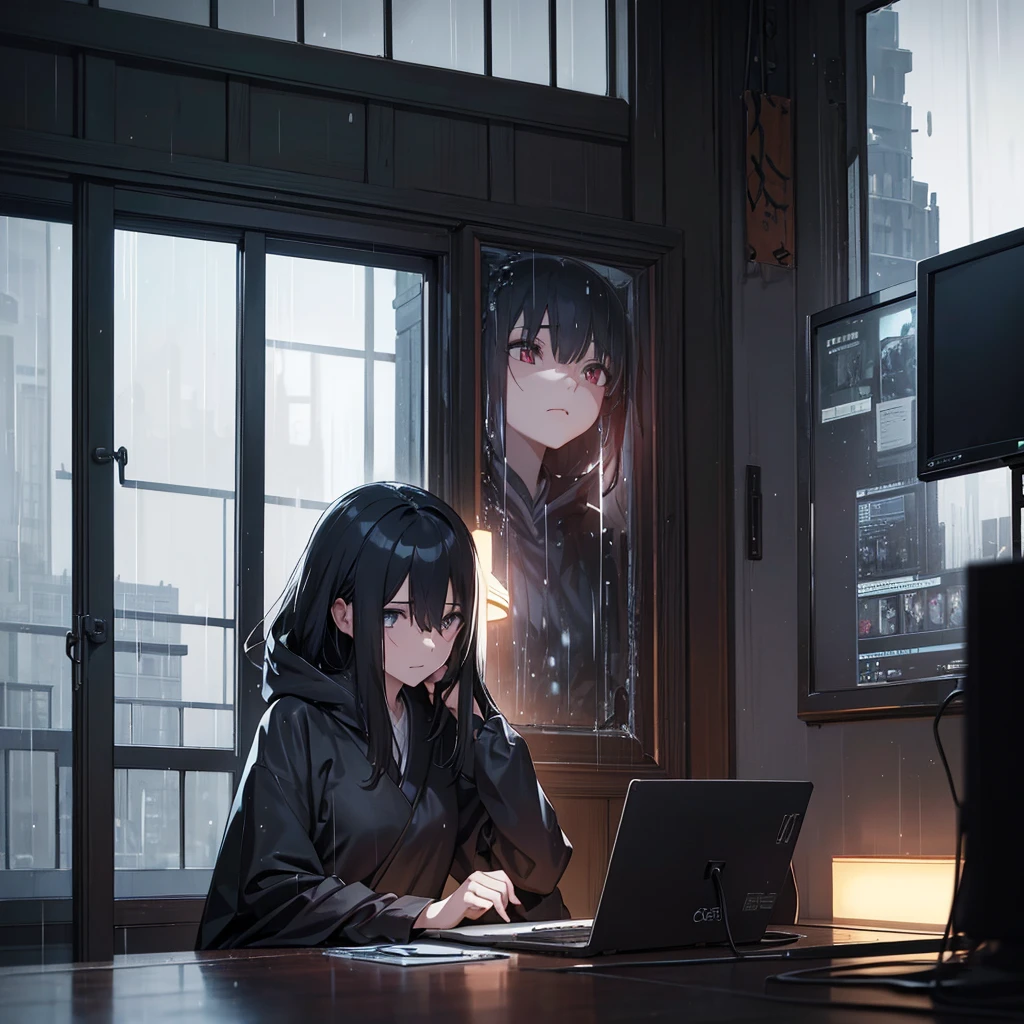 Dark indoor,Woman Without a Face,Sitting in front of a computer,artistic,Rain outside the window,1人,Long -niji 6 --aspect 1:1 --stylize 1536x1536--quality 1 --chaos 0y Greg Rutkowski,