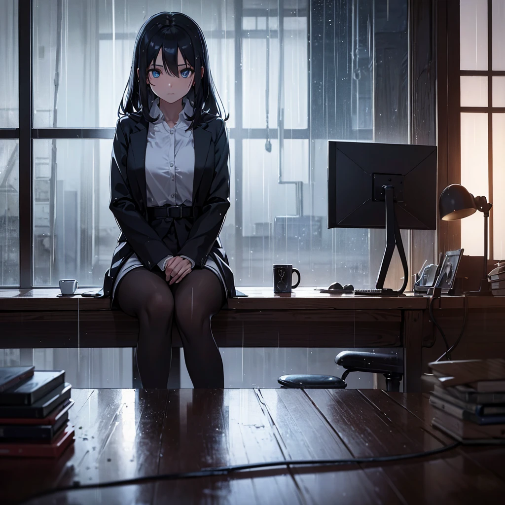 Dark indoor,Woman Without a Face,Sitting in front of a computer,artistic,Rain outside the window,1人,Long -niji 6 --aspect 1:1 --stylize 1536x1536--quality 1 --chaos 0y Greg Rutkowski,