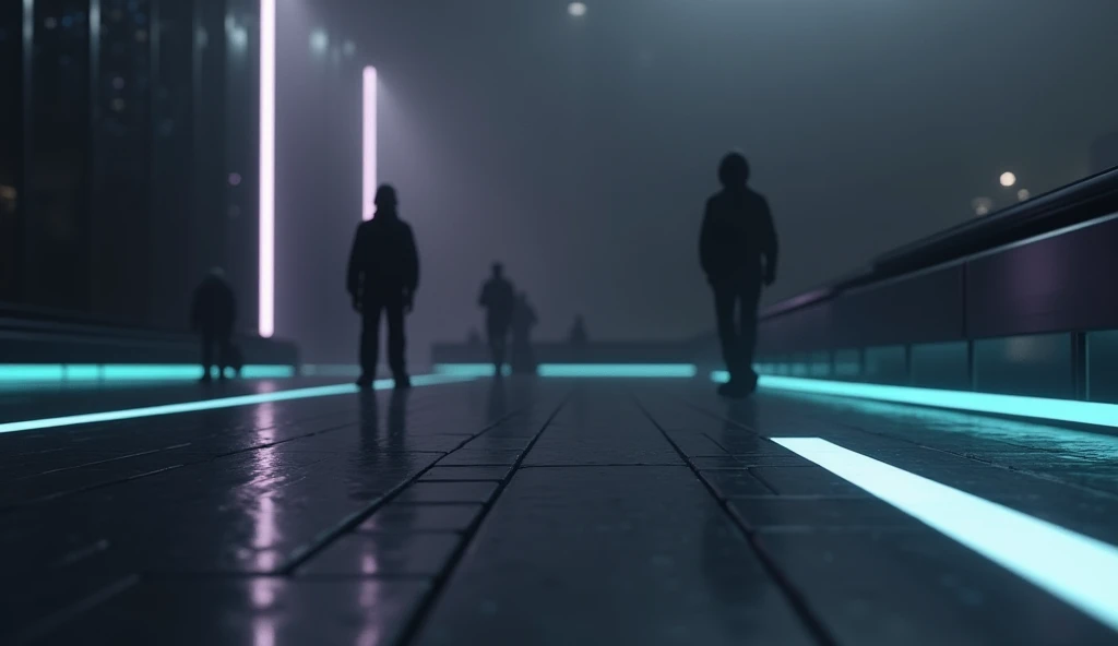 Create a futuristic, realistic background with a minimalist design. The scene should feature a sleek, dark metallic surface with subtle neon light accents in soft blues and purples, gently illuminating the environment. The background should include faint geometric patterns or lines that hint at advanced technology, but remain subtle enough to not overpower the characters in the foreground. The overall color palette should be muted, with a focus on deep grays, blacks, and hints of soft glow, creating a calm yet sophisticated atmosphere.