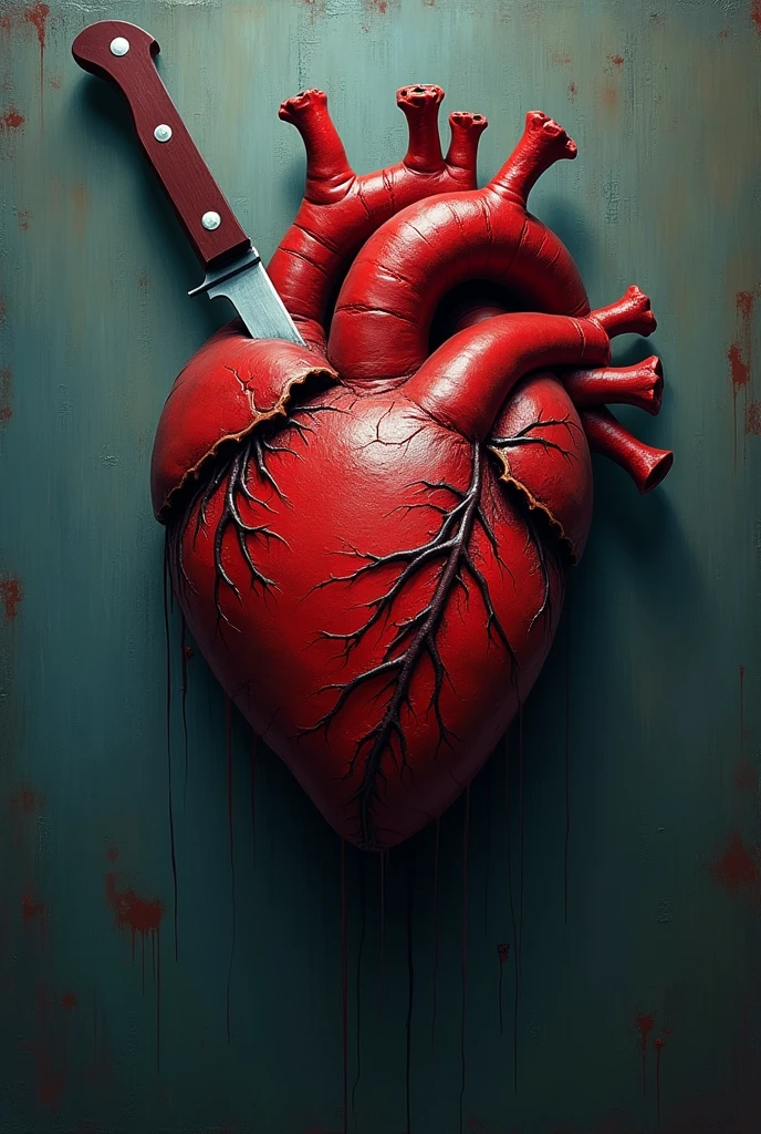 expressionism art, heart stabbed by knife and wounded