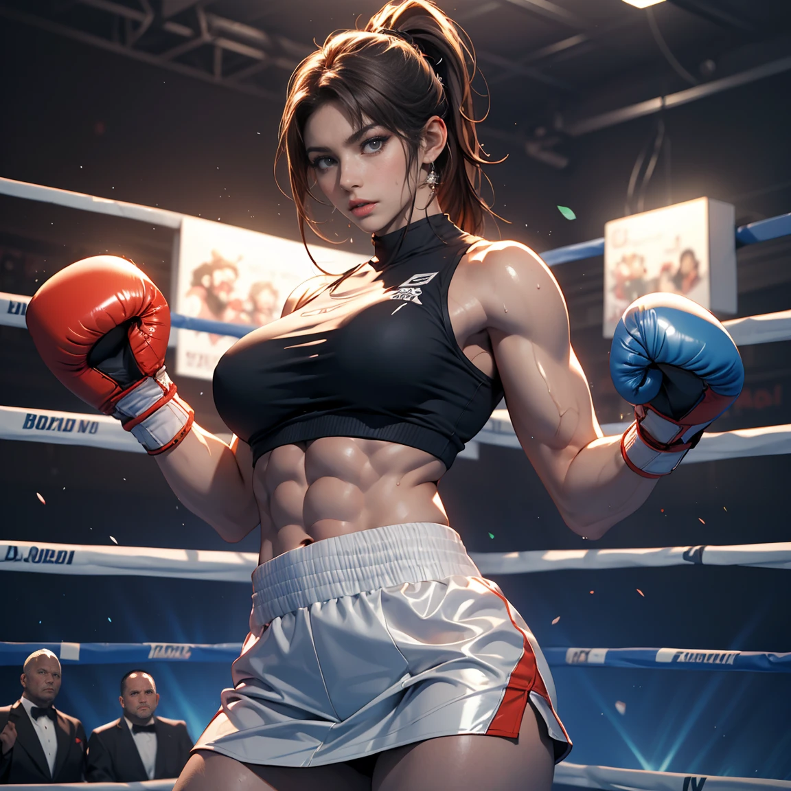 Pretty Caucasian (female), Sarah Shahi, a slim but muscular body, huge breasts, dark brown messy hair, blue eyes, (original) , (very detailed wallpaper) , (best quality) , (masterpiece) , photographic reality, realistic, very detailed illustrations, (1 girl) , beautiful eyes, (delicate face) , perfect detail, (best lighting) , (super complex details) , (boxing girl) , (aggressive punching) , sweat, heavy breathing, (oppressive attack) , (boxing ring) , athletic shorts, perfect detail, perfect fingers, perfect limbs, impact, (shiny skin) , abs, muscles, waistline,micro miniskirt, fist fight, black hair, high ponytail, very long hair, 4K unified, (super detailed CG: 1.2) , (8K: 1.2) , realistic, octane rendering