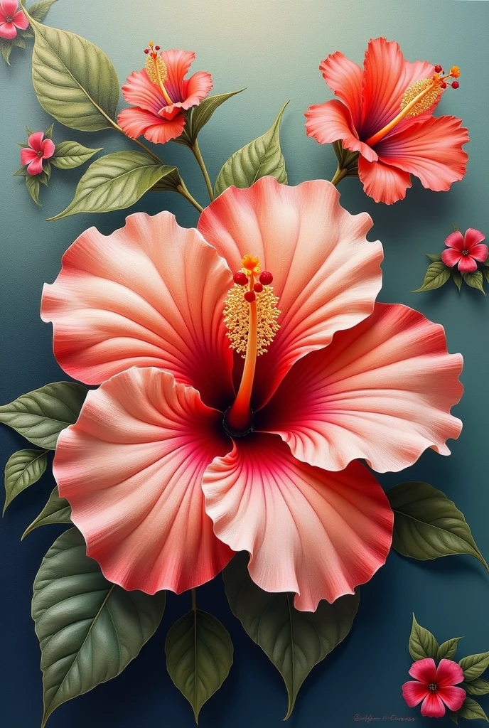 a beautiful detailed small logo hibiscus flower, small repeated hibiscus flowers, oil painting on canvas, highly detailed, hyper realistic, masterpiece, sharp focus, intricate details, vibrant colors, natural lighting, photorealistic, 4k, ultra detailed, realistic, refined painting
