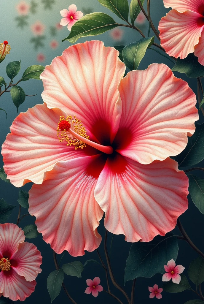 a beautiful detailed small logo hibiscus flower, small repeated hibiscus flowers, oil painting on canvas, highly detailed, hyper realistic, masterpiece, sharp focus, intricate details, vibrant colors, natural lighting, photorealistic, 4k, ultra detailed, realistic, refined painting