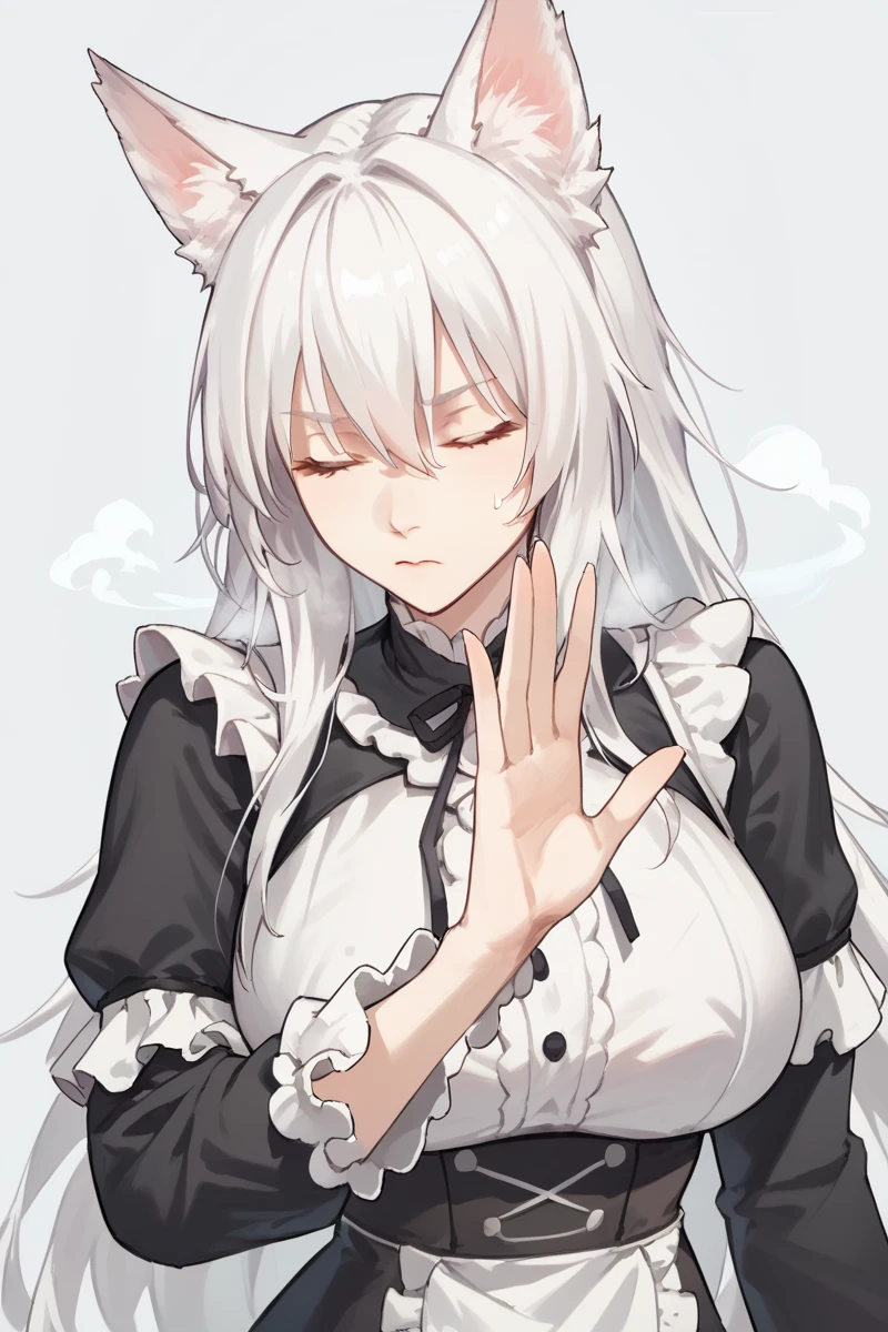 score_9, score_8_up, score_7_up, drakeposting-no, 1girl, upper body, hand up, long hair, white hair, with big wolf ears, Open-chested maid outfit, Cold Shoulder, big breasts, close your eyes, Mouth closed