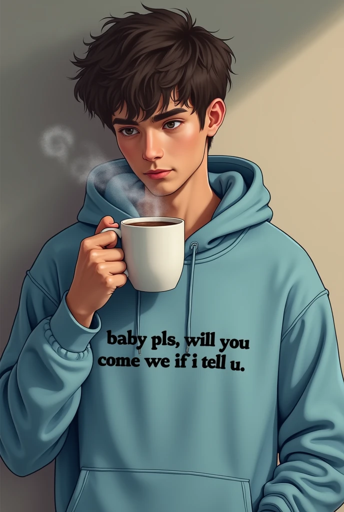A man waring sky blue hoodie (baby pls will you come to me if I tell u ) is written on hoodie with a mug of coffee in his hand