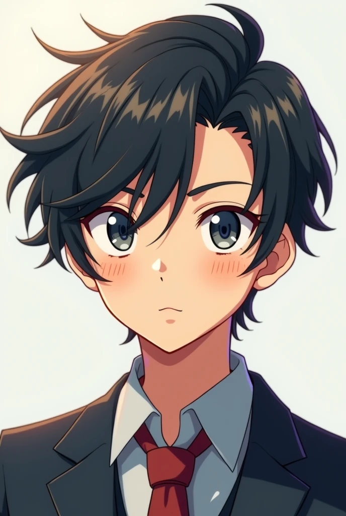 Anime character boy age 12 years, side cut hair cut  up side hair , smart , good looking, inteligent