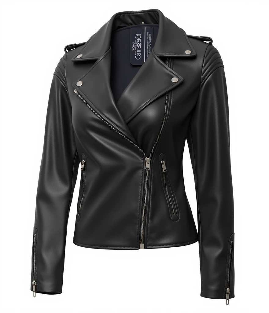 Attractive female, cute nose, black hair, wearing black lingerie, wearing a black leather jacket, wearing high heeled stiletto boots.