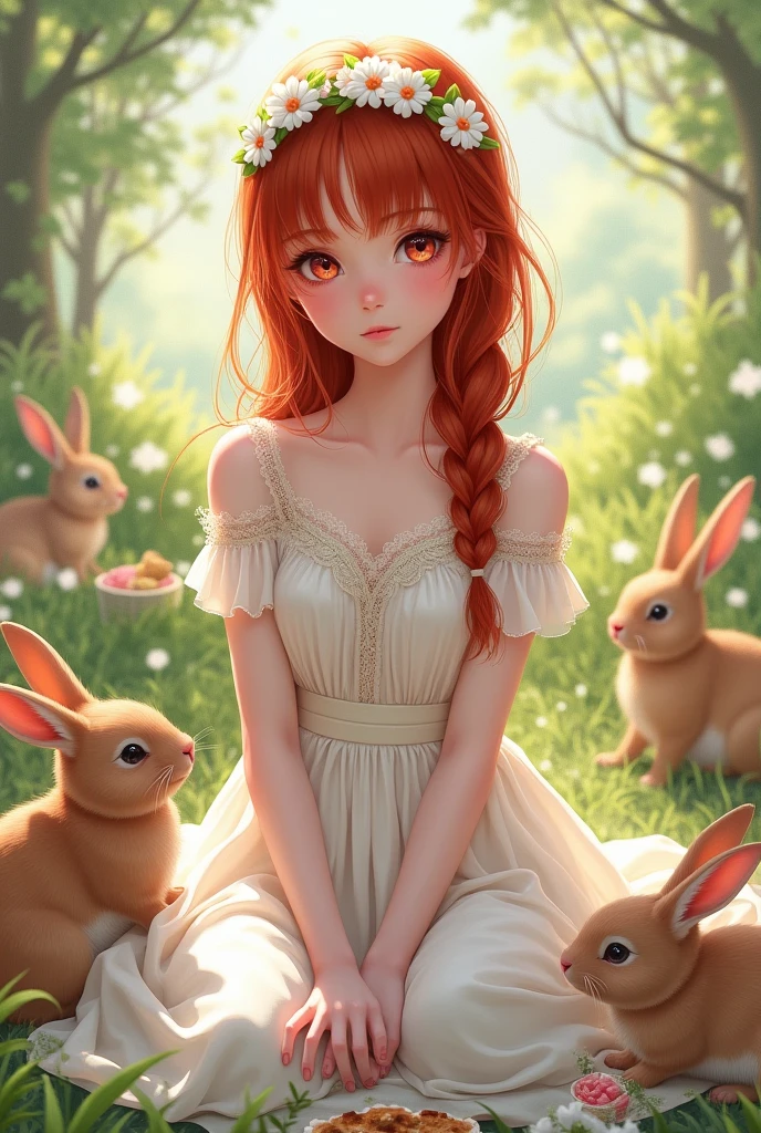 2d drawing of redhead teenager with waist-length braided hair, with white lolita dress with lace. sweet face, red pupils and a crown of white flowers on a picnic with bunnies