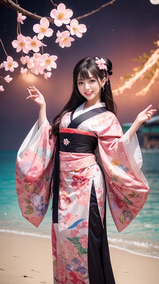 (SeaArt creates stunning illustrations of beautiful women in kimono)、Vividly colored Japanese Ukiyo-e style illustrations、A beautiful woman smiles and shows her upper white teeth、Brown-black long hair、Beautiful full body style、If you want to dance, let&#39;s dance, Tokyo Ondo, Yoi Yoi、Beautiful new digital paintings,、Bright vibrant digital anime art、 Beautiful anime portraits、background,Torii gate front of Japanese shrine、 Detailed digital anime art、