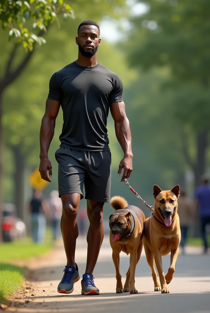 6'2" fit African man walking his dog, realistic 