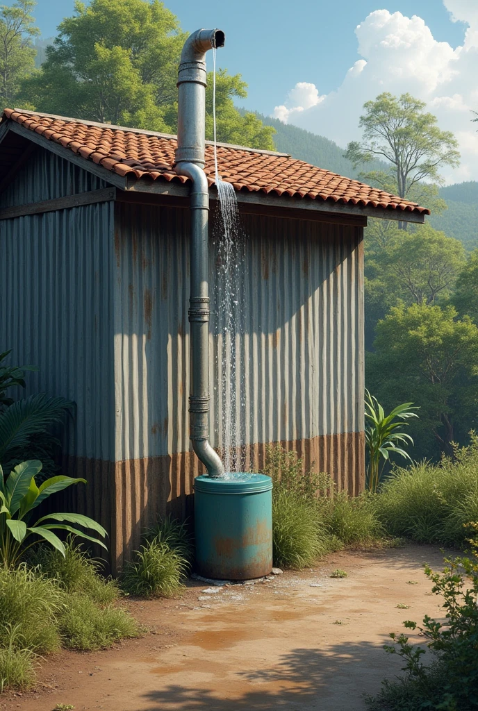 Installation system of harvesting rain water from a tin shade house. First rain water from roof will diposit in a pipe then the pipe line goes to collector box. The scenario must from a rural coastal area.

