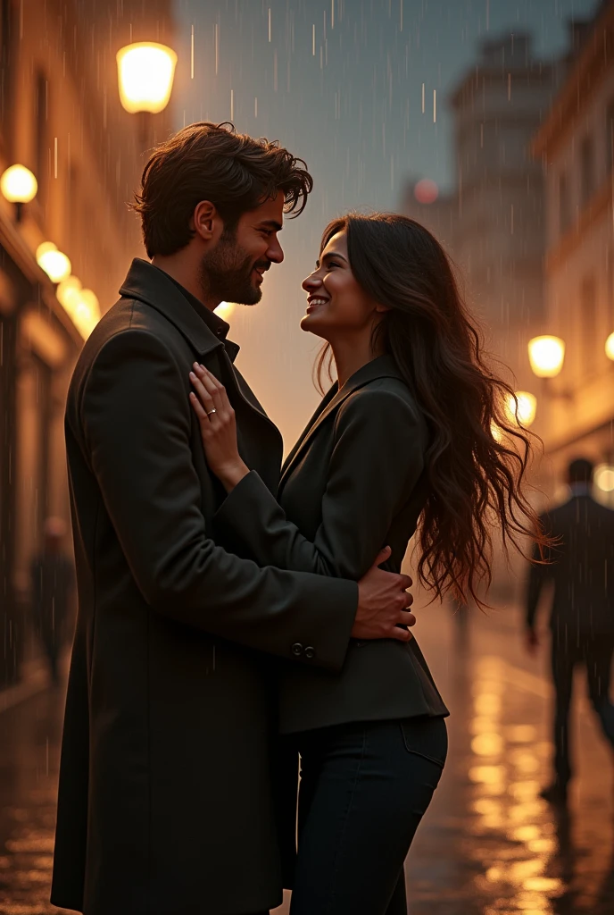 A 20 year old couple are walking in the rain in San Francisco. Smiling at eachother the man is white and handsome chiseled jaw and tall has a messy fringe wearing a long coat. The woman has is white with long hair and brown hair wearing a blazer with formal pants. It’s raining and there is street lamps in the background than man wanted to spin her.