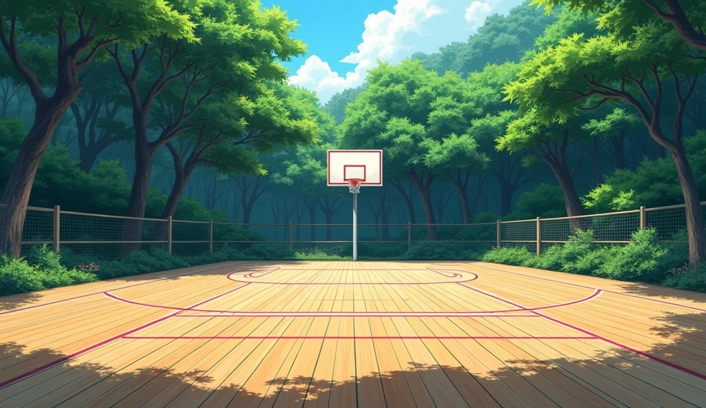 a Japanese outdoor school basketball court. the floor is wooden, the court is empty without any people;  masterpiece, super detailed. close up image, anime art