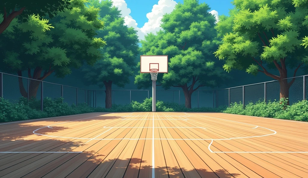 a Japanese outdoor school basketball court. the floor is wooden, the court is empty without any people; masterpiece, super detailed. close up image, anime art