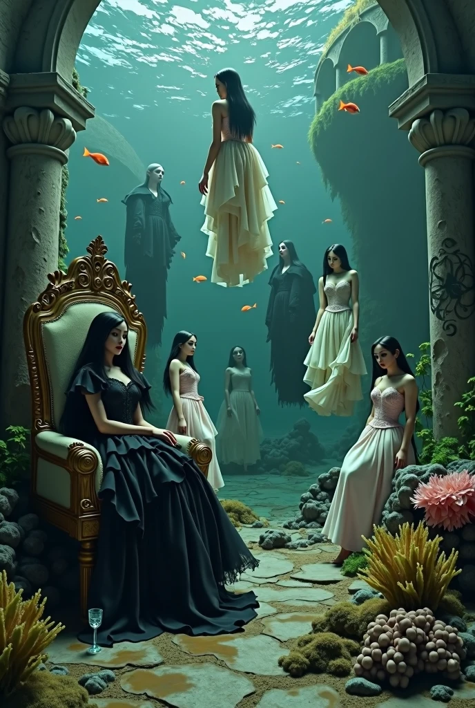 "A full-body shot of a (extra wide angle 1:1) in a dark low light deep sea medeval ballroom in an old gothic palace that has gone under the sea. Super-big ballroom. 8 girlfriends with extraordinairy beautiful faces, liveless bodies surrounded by coloured fishes. Their body floading upside down and all around. They have a big light-colored eyes, black super-long hair. With perfect detailed eyes.Their wering black torned dresses. Pale pink and gold dresses torned. Dresses in many layered lace and shiffon torne and ripped. ( perfect hands, five fingers on each hand.) Small breasts (hyper realistic perfect eyes 1:1). White perfect skin. They are surrounded by Perished under-water palace 1:1 Wearing a layered black, white and gold ballroom dresses with lace and shiffon. On the bottom of the sea are golden crowns, adorned with pink crystals 1:1. Bright colourd fishes swimming arround. Corals, seamoss. Octopus. The scene a beautiful empresses dead, their long hair flowing every way, in their face. Sad. (Best Quality Detailed faces)1:1. A medieval fairytale vibe, with a big black intricate throne in a corner with tonns of seamoss and seeweed on it. In a fantastic scene that uses detaled realistic 3D model. crystal wine glasses on the sea floor broken The entire setup is Best Quality, masterpiece 1:1, capturing the essence of a beautiful dead girls, fantastical gothic setting, Dark deep sea Low greenblue lighting under neath. (8K).