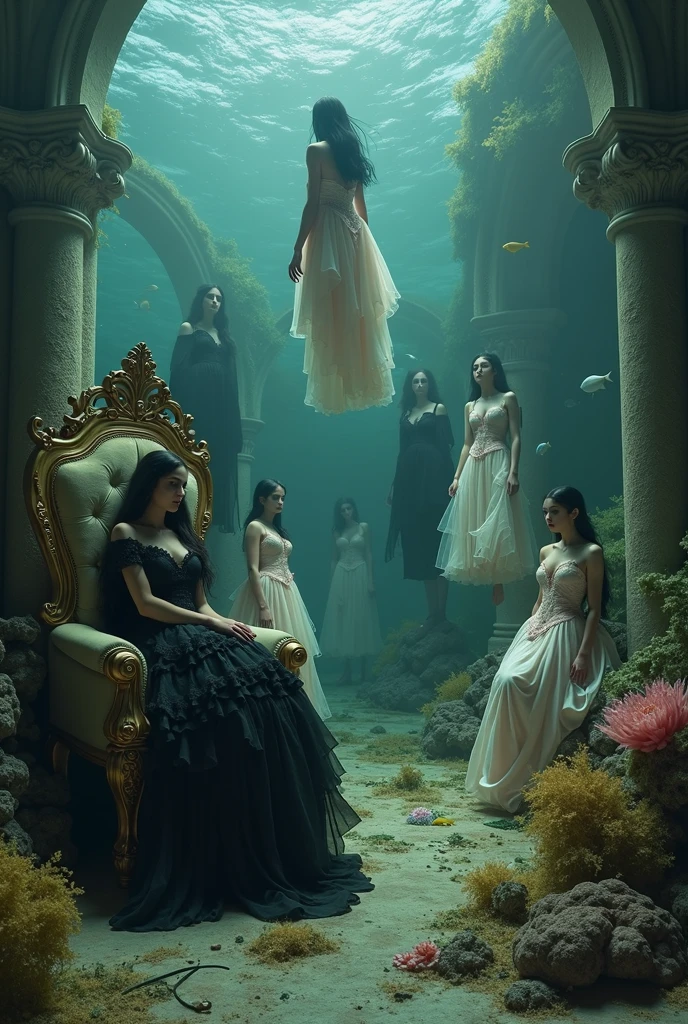"A full-body shot of a (extra wide angle 1:1) in a dark low light deep sea medeval ballroom in an old gothic palace that has gone under the sea. Super-big ballroom. 8 girlfriends with extraordinairy beautiful faces, liveless bodies surrounded by coloured fishes. Their body floading upside down and all around. They have a big light-colored eyes, black super-long hair. With perfect detailed eyes.Their wering black torned dresses. Pale pink and gold dresses torned. Dresses in many layered lace and shiffon torne and ripped. ( perfect hands, five fingers on each hand.) Small breasts (hyper realistic perfect eyes 1:1). White perfect skin. They are surrounded by Perished under-water palace 1:1 Wearing a layered black, white and gold ballroom dresses with lace and shiffon. On the bottom of the sea are golden crowns, adorned with pink crystals 1:1. Bright colourd fishes swimming arround. Corals, seamoss. Octopus. The scene a beautiful empresses dead, their long hair flowing every way, in their face. Sad. (Best Quality Detailed faces)1:1. A medieval fairytale vibe, with a big black intricate throne in a corner with tonns of seamoss and seeweed on it. In a fantastic scene that uses detaled realistic 3D model. crystal wine glasses on the sea floor broken The entire setup is Best Quality, masterpiece 1:1, capturing the essence of a beautiful dead girls, fantastical gothic setting, Dark deep sea Low greenblue lighting under neath. (8K).