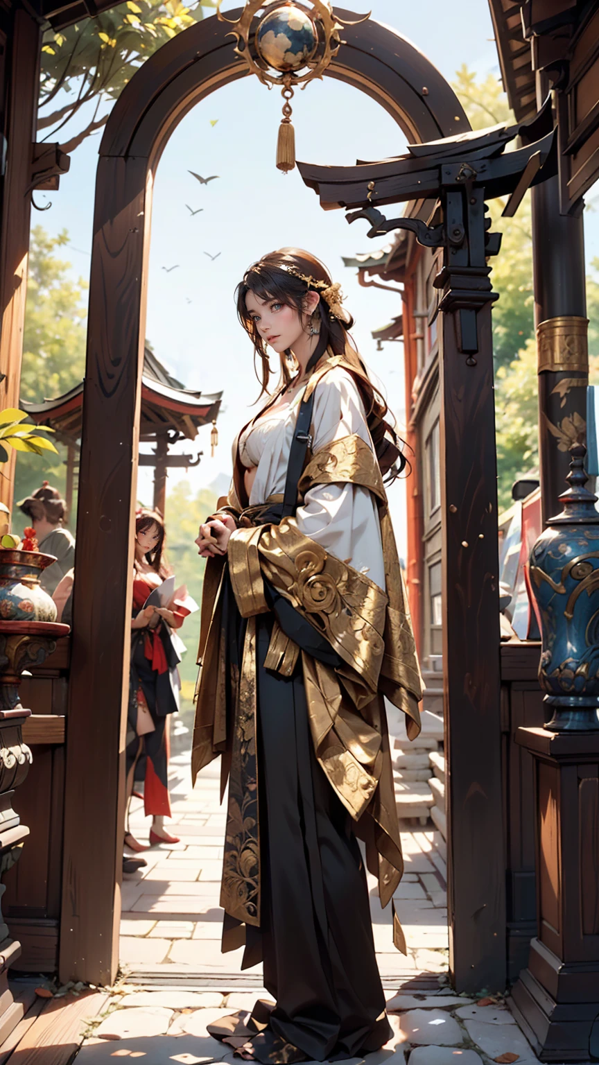 Located on the side of an old ancient mountain、A strange and ornate golden portal。There are several people around々is standing、It looks like they&#39;re setting up a research camp.。2 woman、Attractive Young Woman, (Beautiful Face:1.1), Detailed eyes, Seductive lips, (eye make up:1.2), (Medium chest:1.0), (Toned body:1.2), Sexy proportions、Narrow waist